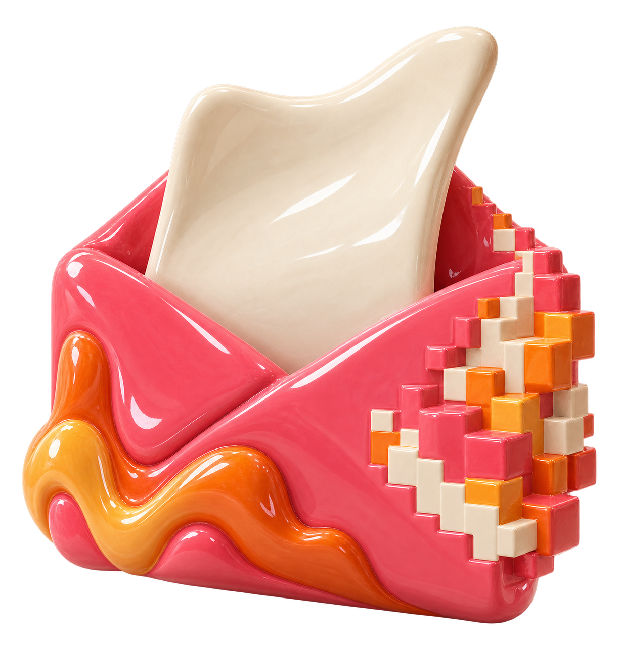 Glossy coral envelope with a curled ivory project brief and amber pixel details.
