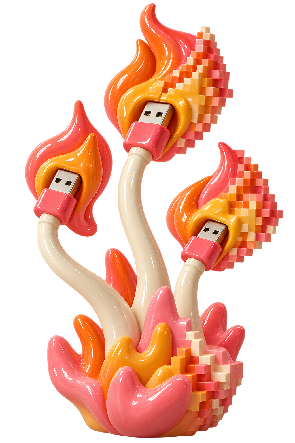 Glossy coral and amber technology blooms on ivory USB stems, transforming into organized pixels.